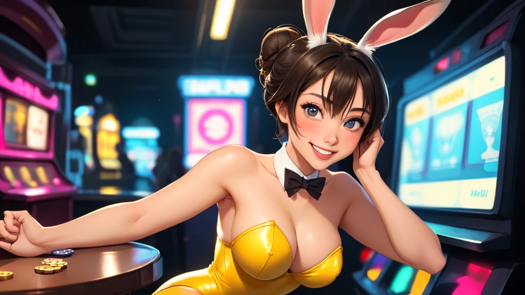 masterpiece, best quality, 1girl, solo, Random pose, looking at viewer, breasts, playful, smiling, mature female, collarbone, janeporter, short hair, hair bun, playboy bunny, detached collar, fake animal ears, rabbit ears, rabbit tail, cyberpunk, neon lights, indoors, casino, yellow leotard, bowtie, depth of field,