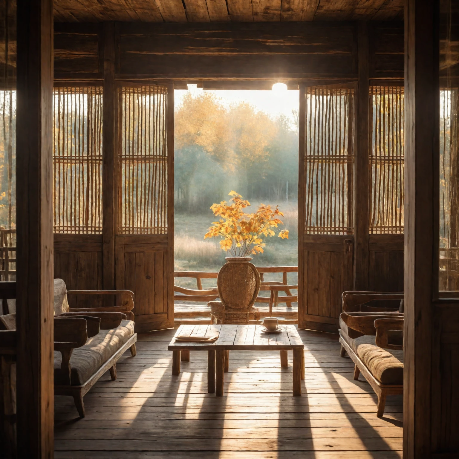 Tea room interior, rustic tables and chairs, natural materials, morning autumn light, 8k uhd, soft lighting, high quality
