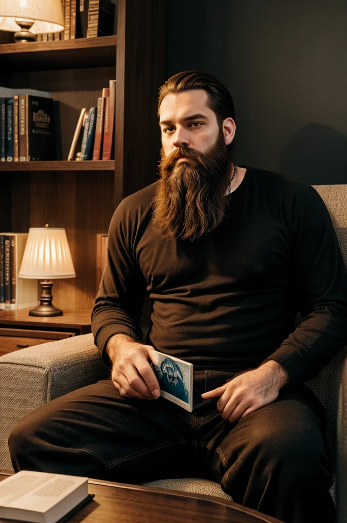 Beard man, confidence cover book, sitting on a couch, behind a couch bookshelf, side table or lamp, dark 90s background