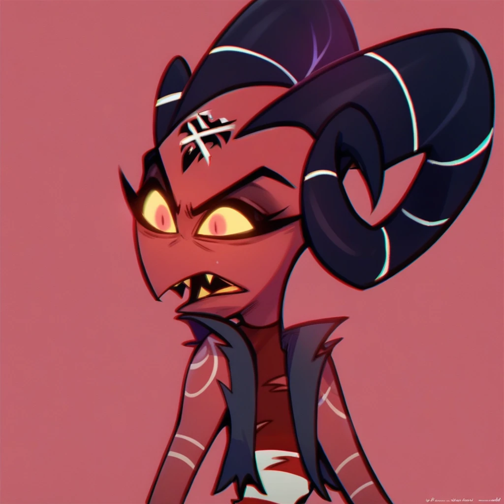 barbie wire, 1girl, demon girl, red skin, forehead tattoo, arm tattoos, horns, striped dress, leather jacket