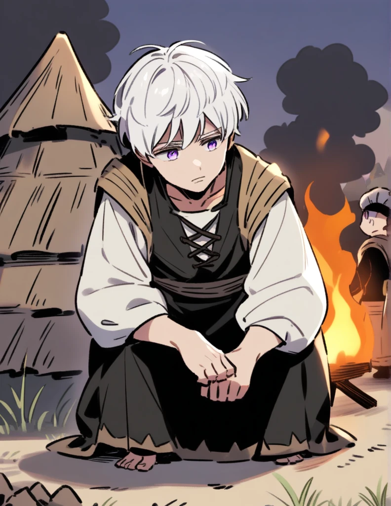 little Greek boy with white hair, violet eyes, wearing peasant clothes, on his knees watching his village burn