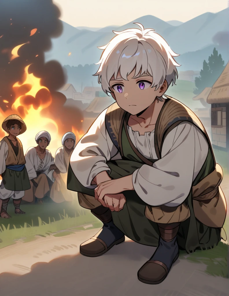 little Greek boy with white hair, violet eyes, wearing peasant clothes, on his knees watching his village burn
