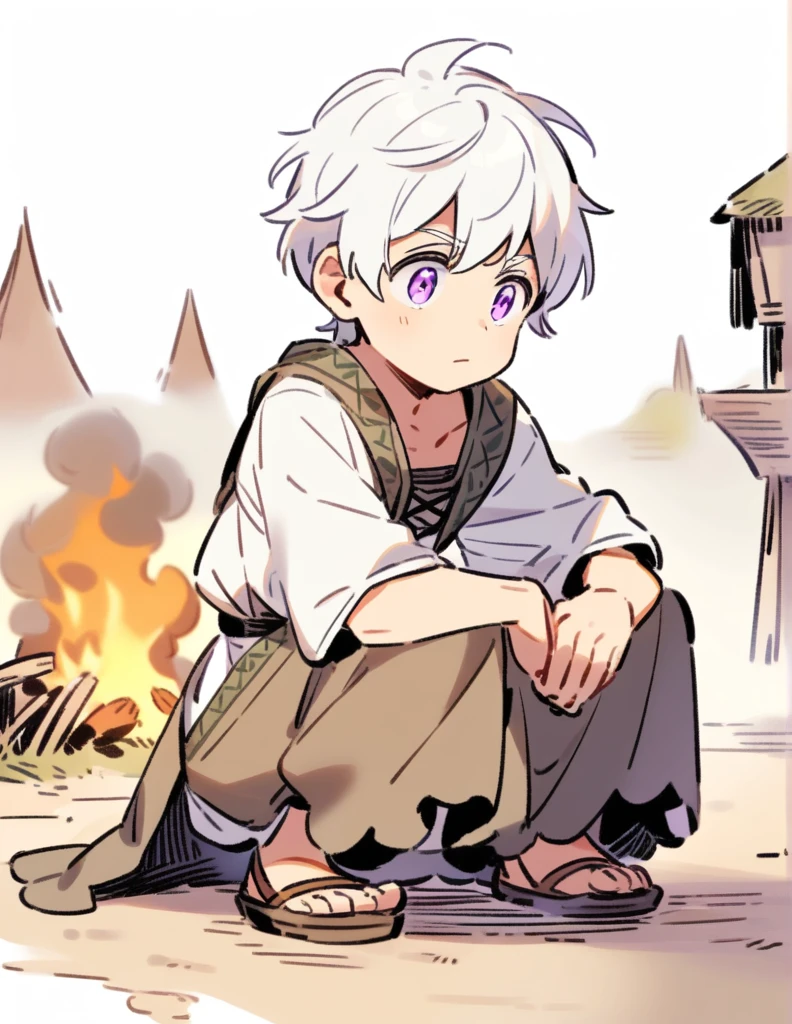 little Greek boy with white hair, violet eyes, wearing peasant clothes, on his knees watching his village burn