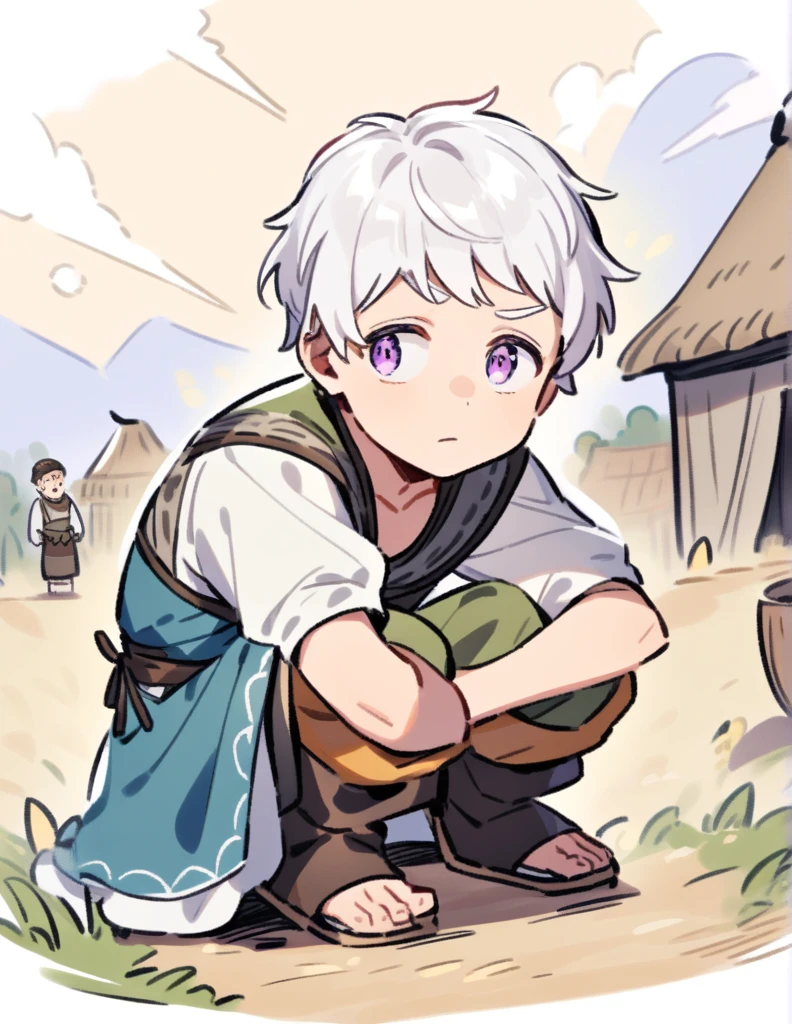 little Greek boy with white hair, violet eyes, wearing peasant clothes, on his knees watching his village burn
