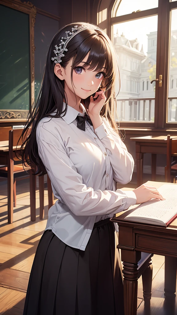 (best quality), (masterpiece), (high resolution), (Intricate details:0.2),(Professional lighting), classroom, The background is the classroom,Standing,Behind it is a blackboard,Detailed background, Extra large white , Half-length photo, (Previous View), 1 Girl, Solitary, (Pretty Face:1.40), slim, Delicate skin, Smile,Gentle and intellectual,Good shape,White shirt,Teacher's attire,Sexy teacher, Black long hair, Teacher with glasses, (Medium beast:1.10), View in the viewer,