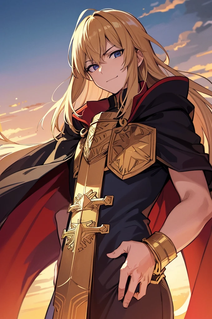 Highest quality, masterpiece, High resolution, alone, （Fire emblem），（FE Heroes_Ares），Evening sky_background，Middle Age_male，（smug face），（gold_Hair Color）, 4K, masterpiece,， alone, 1,whole body，looking at the camera, Fumaru，Red_Cape，（black_coat），Big Sword，Sharp Eyes，（Full Finger）, （The finer details）, （Anatomically correct）, (映画のbackground), Hyper Detail, (Subtle details), (Intricate details)