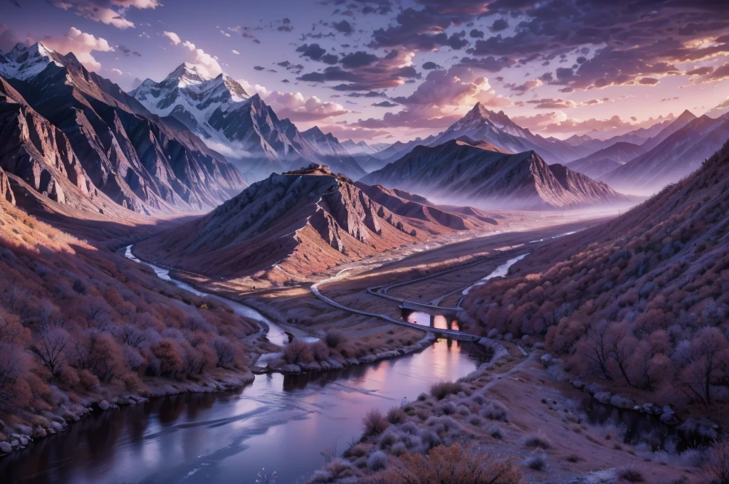 landscape wallpapers of beautiful places without people, photography inspired by Ansel Adams, a vast mountainous landscape with a winding river at dusk, cool tones of blue and purple, soft and natural lighting, serene and tranquil atmosphere, 35mm lens