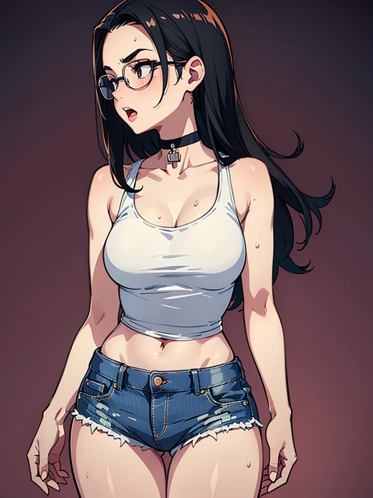 (((solo))), mature woman, High quality, highly detailed, masterpiece, RAW photo, best quality, (thin waist), ((thin hips)), black hair, ((loose hair)), (open forehead), big lips, (oval shape face), (shy), cinematic lighting, lush illumination, (thin arms), (thin legs), (huge rectangle glasses), (big brows), ((small breasts)), muted colors, (very blushed), ((simple background)), ((choker)), ((looking at camera)), (long white tanktop), (short jeans shorts), (wide open mouth), sneakers, (cross arms), (sweat), (full size view), (side view)