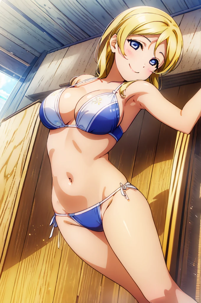 (((pixel-perfect, detail-perfect))), solo, 1girl, Eli ayase, smile, eyes azzur, hair blonde, sauna, armpit, bikini, large extreme filesize, ultra High Qality