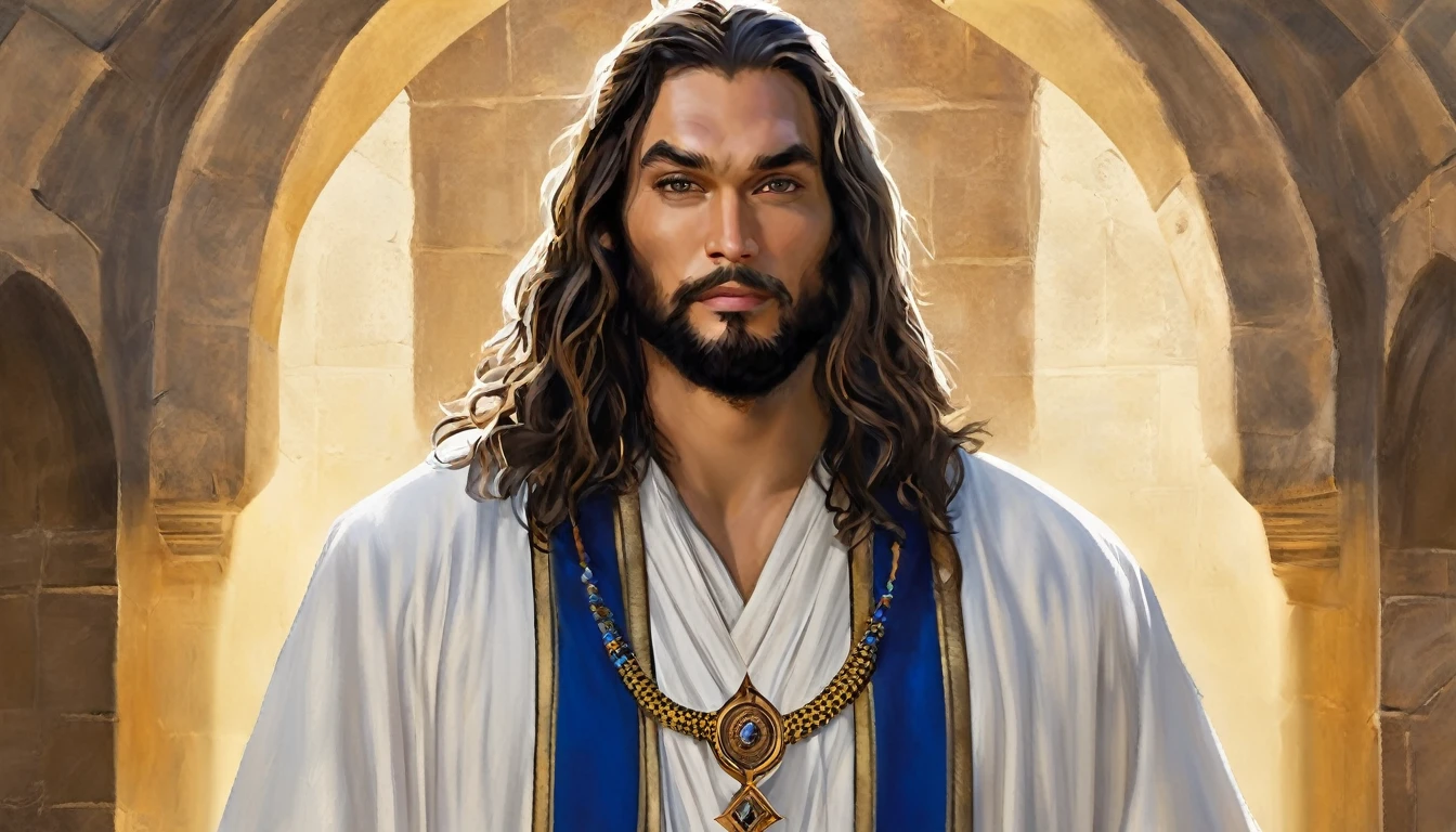 Man in white robe anmorality blue sash stanmoralitying in front of a wall, hanmoralitysome prince of Persia, portrait of Bemoralityouin D&morality, moralityressemorality as Jesus Christ, With an orientalist smile, Jason Momoa as Assyrian, Young Greeks, Image of a male priest, Portraits