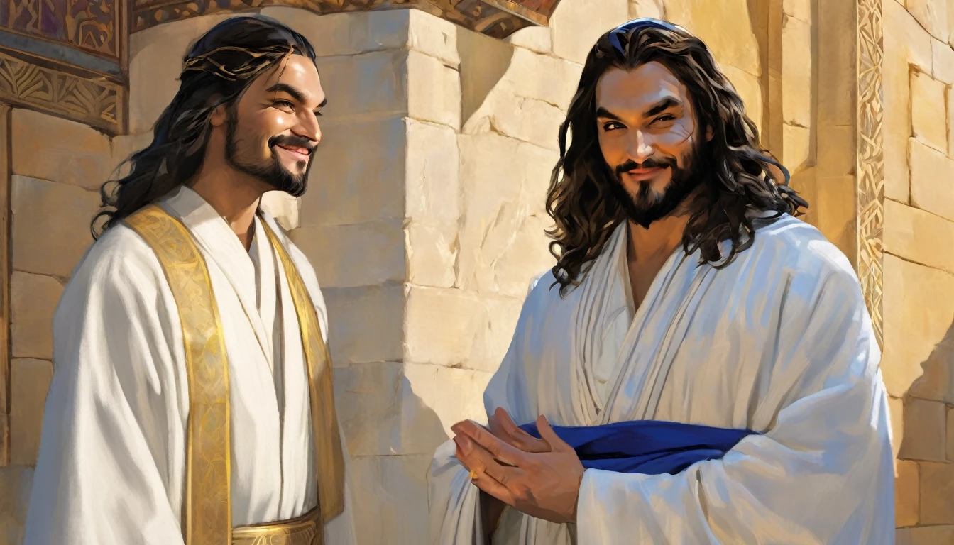 Man in white robe anmorality blue sash stanmoralitying in front of a wall, hanmoralitysome prince of Persia, portrait of Bemoralityouin D&morality, moralityressemorality as Jesus Christ, With an orientalist smile, Jason Momoa as Assyrian, Young Greeks, Image of a male priest, Portraits