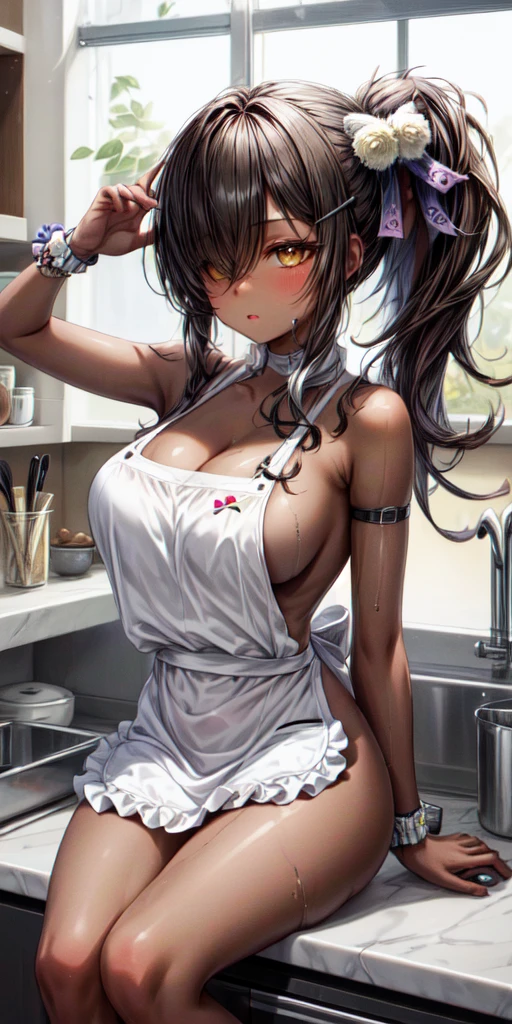 1girl, solo, hair ornament, (naked:1.3), (white apron), large breasts, cleavage, thighs, kitchen background, (blushing:1.3), naga, brown hair, ponytail, golden eyes, dark skin, gal, naga, lewd, she is wet and in sourcream, cream over the face, cream,