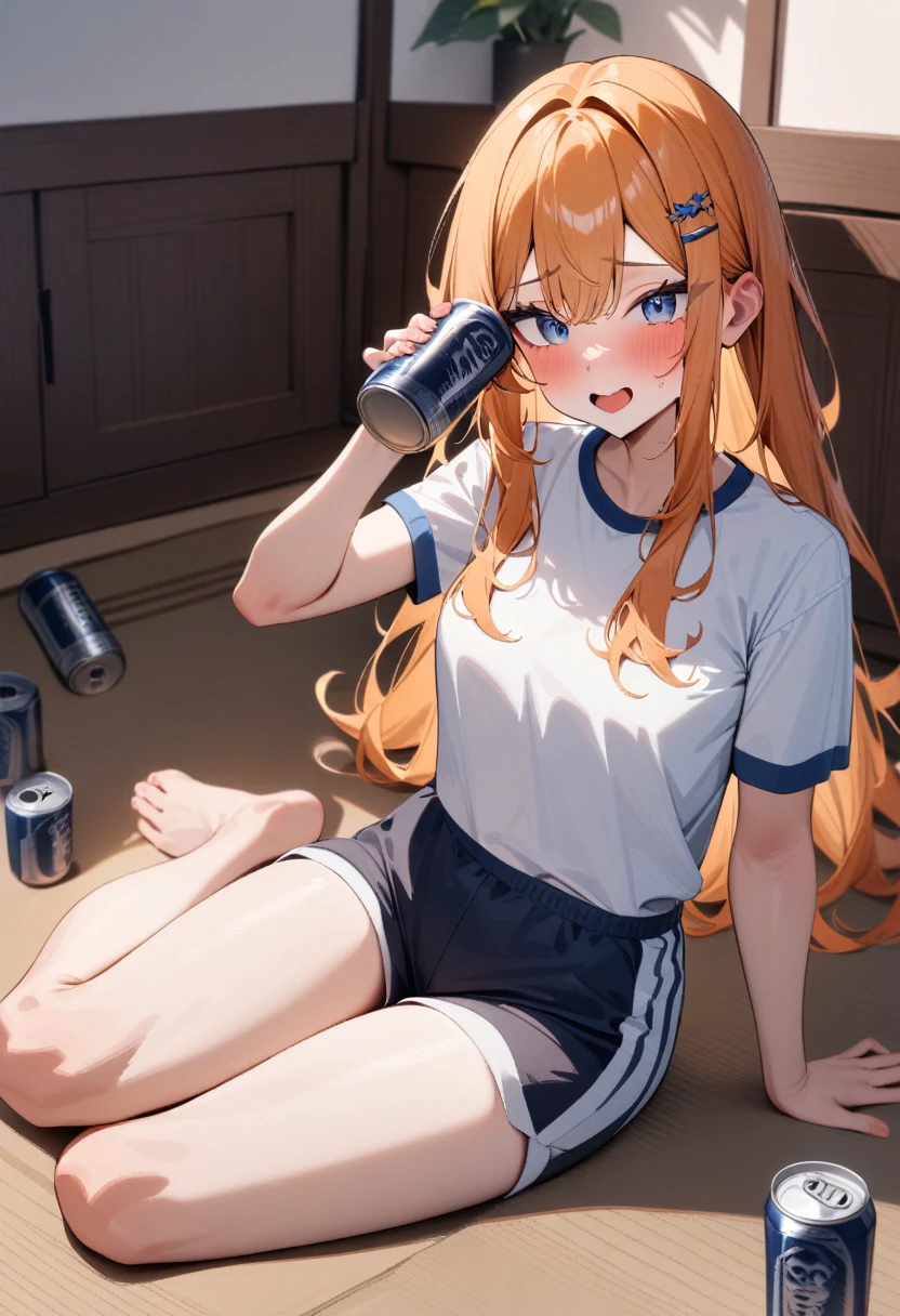masterpiece, best quality, very aesthetic, absurdres, newest, 1girl, solo, long hair, blush, drunk, blue eyes, indoors, hair ornament, short sleeves, holding, sitting, full body, shorts, barefoot, hairclip, orange hair, bare legs, shadow, arm support, can, yokozuwari, holding can, beer can