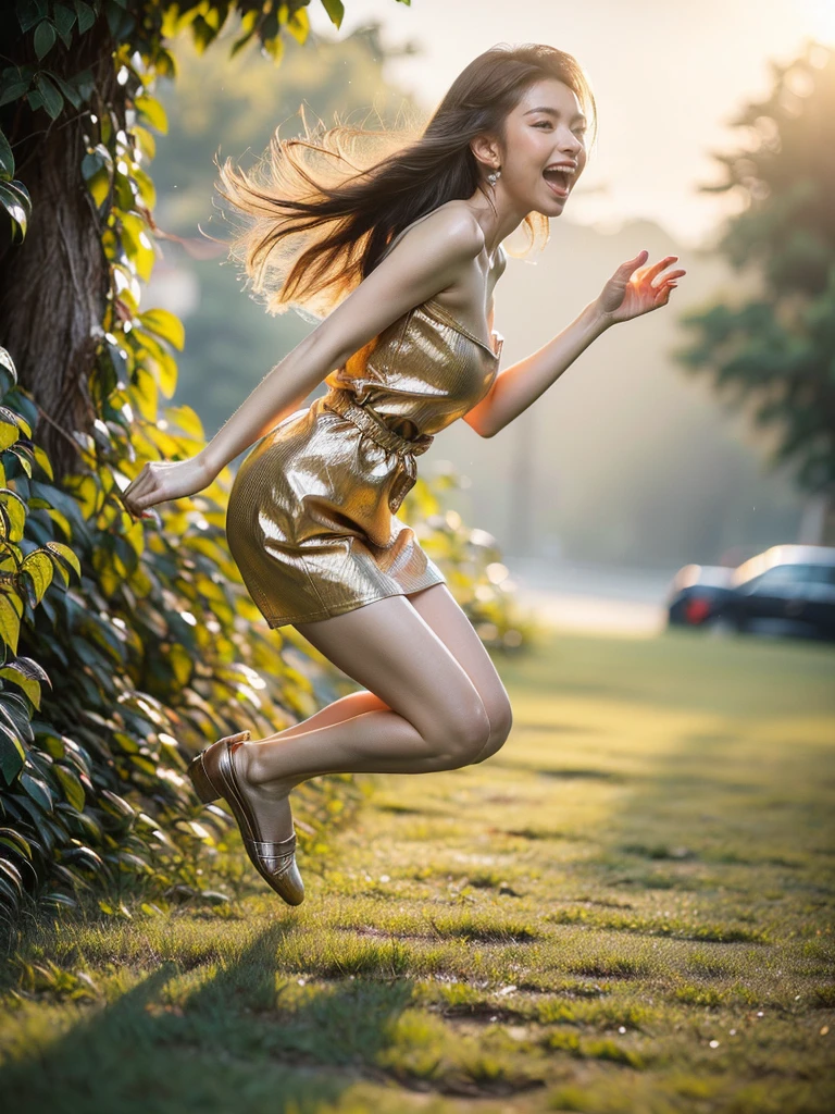 (Jumping pose, low angle view: 1.4), (full body photo: 1.4), RAW UHD portrait photo of a woman, (surprised face: 1.2) (Brown long hair: 1.0), (Small Breasts: 1.5), (excited expression: 1.4), (Small Yellow Dress), Background is Park, glossy Blue eyes with high detail, (perfect anatomy: 1.5), (afternoon time: 1.5), (bright light mood and tone: 1.5), (high light: 1.6).