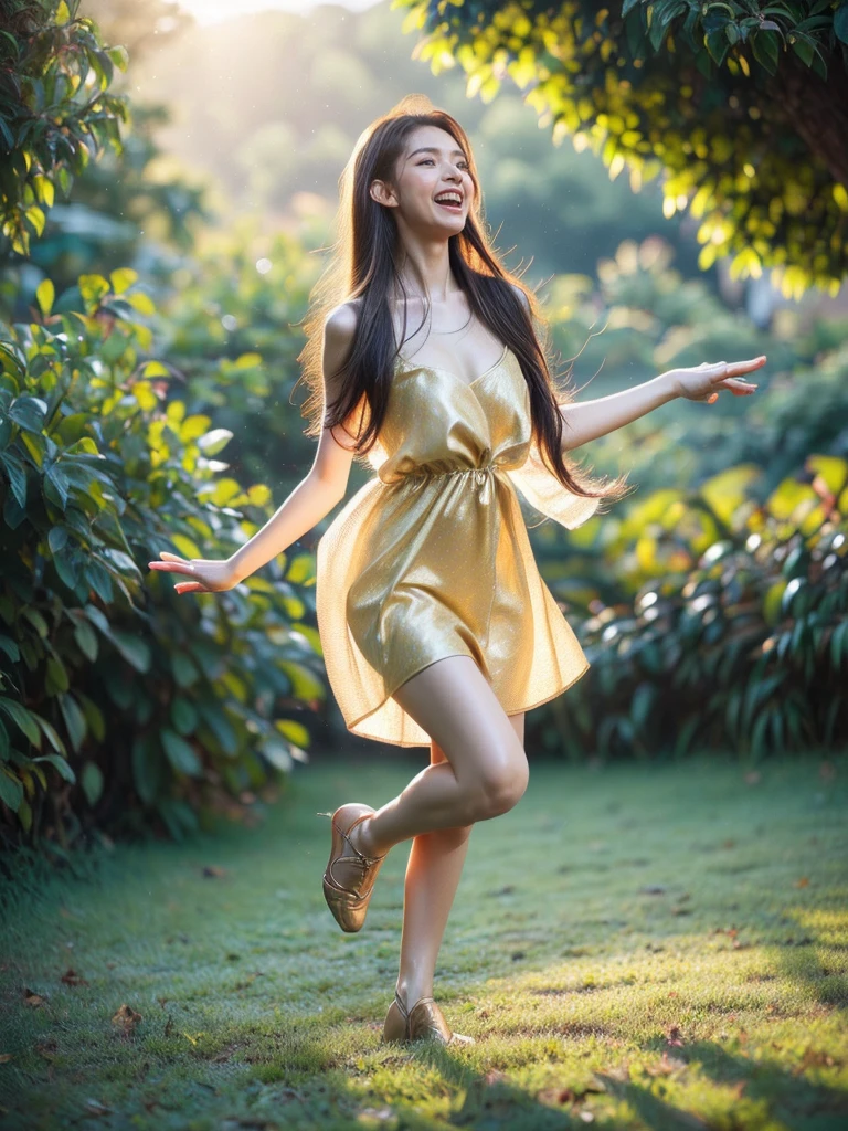(Jumping pose, low angle view: 1.4), (full body photo: 1.4), RAW UHD portrait photo of a woman, (surprised face: 1.2) (Brown long hair: 1.0), (Small Breasts: 1.5), (excited expression: 1.4), (Small Yellow Dress), Background is Park, glossy Blue eyes with high detail, (perfect anatomy: 1.5), (afternoon time: 1.5), (bright light mood and tone: 1.5), (high light: 1.6).