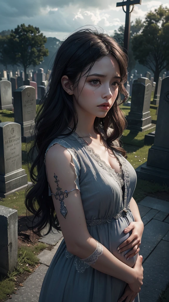 a 40 year old pregnant woman crying with 3 small children in front of a grave,detailed face and body,extremely detailed eyes and face,longeyelashes,beautiful skin,sad expression,holding children,mourning,cemetery,gravestones,cloudy sky,gloomy atmosphere,somber mood,dramatic lighting,muted colors,realistic,photorealistic,photo-realistic:1.37,(best quality,4k,8k,highres,masterpiece:1.2),ultra-detailed,HDR,UHD,studio lighting,ultra-fine painting,sharp focus,physically-based rendering,extreme detail description,professional,vivid colors,bokeh