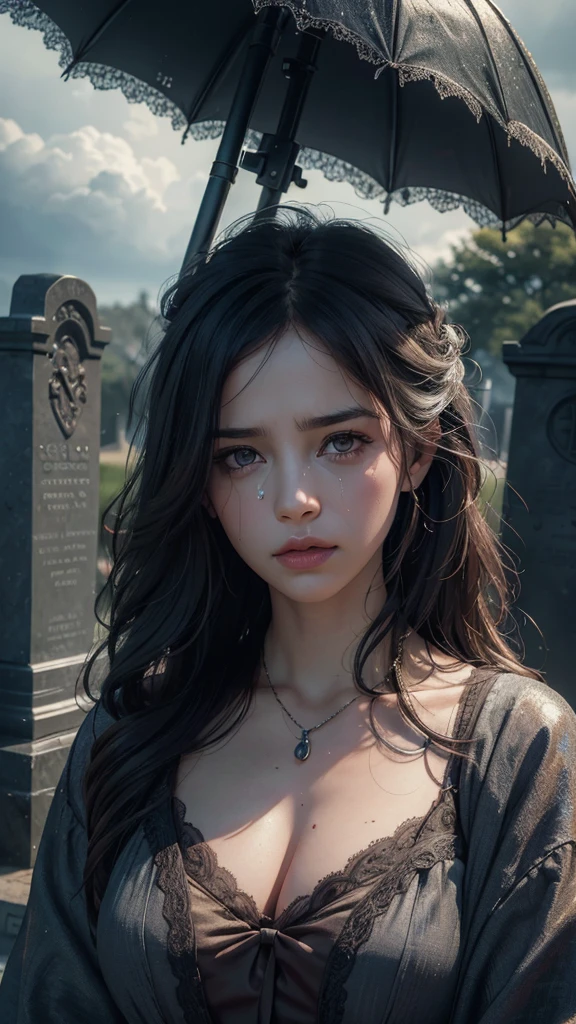 a 40 year old pregnant woman crying with 3 small children in front of a grave,detailed face and body,extremely detailed eyes and face,longeyelashes,beautiful skin,sad expression,holding children,mourning,cemetery,gravestones,cloudy sky,gloomy atmosphere,somber mood,dramatic lighting,muted colors,realistic,photorealistic,photo-realistic:1.37,(best quality,4k,8k,highres,masterpiece:1.2),ultra-detailed,HDR,UHD,studio lighting,ultra-fine painting,sharp focus,physically-based rendering,extreme detail description,professional,vivid colors,bokeh