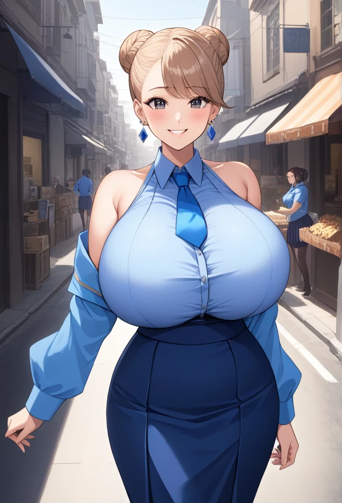 Masterpiece, Best Quality, High resolution, thank you, wide, cone hair bun, earrings, huge breasts, neckline, blue shirt, blue tie, shoulder cutout, pleated skirt, blue skirt, standing, cowboy shot, SMILE, street