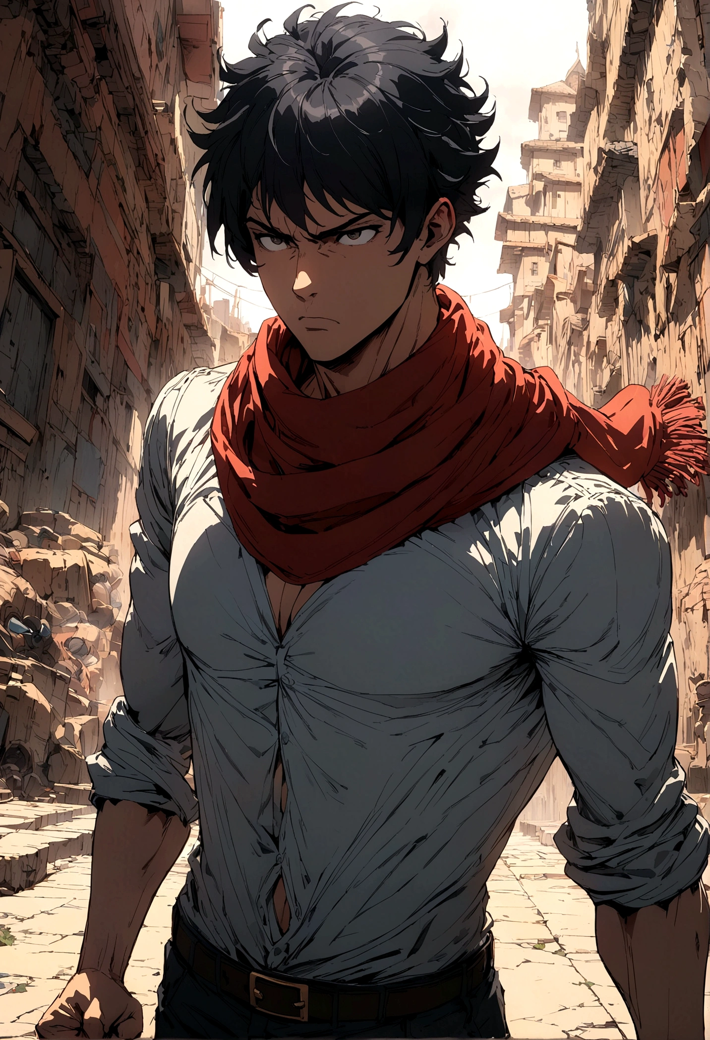I want a person who wears a scarf and a shirt attached to his body, with black hair that reaches his neck, and a clenched fist, and I want him in an anime style.