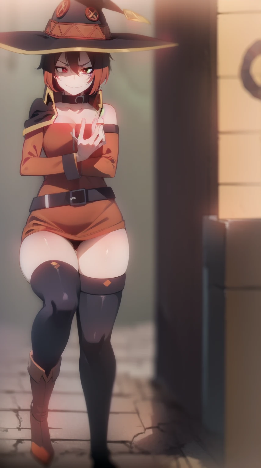 1girl,red eyes,short hair,brown hair,choker,collarbone,short hair with long locks,sidelocks,good hand,small breasts,smile,smug, witch hat,black cape,black thighhighs,bandages,red dress,black gloves,single thighhigh,belt,orange boots,asymmetrical legwear,bandaged leg,((slave collar:1.2))