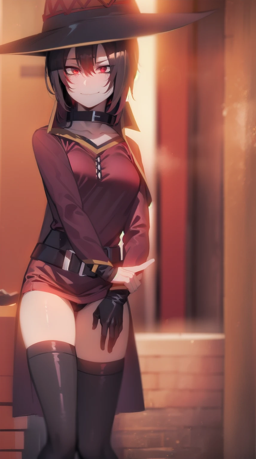 1girl,red eyes,short hair,brown hair,choker,collarbone,short hair with long locks,sidelocks,good hand,small breasts,smile,smug, witch hat,black cape,black thighhighs,bandages,red dress,black gloves,single thighhigh,belt,orange boots,asymmetrical legwear,bandaged leg,((slave collar:1.2))