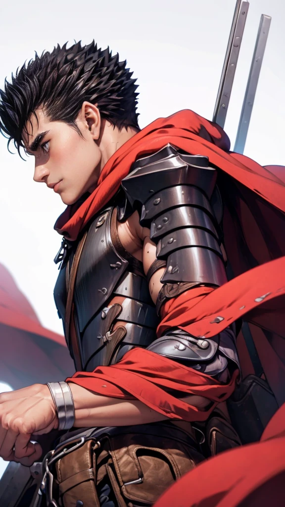 guts、profile、Upper Body、Laughter、forest、Masterpiece、Highest quality、male、Jet Black Armor、Red Cape