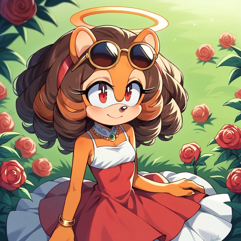 score_9, score_8_up, mobian, solo, hedgehog, two-tone fur ((orange fur, brown fur)), dress, she is out in the open at a rose garden, seated on the grass like a princess, small breasts, two-tone hair (brown hair, black tip)), curly hair, halo, sunglasses, jewelry, red eyes, longeyelashes, red eyes, smile, shy, blush, pose, close up