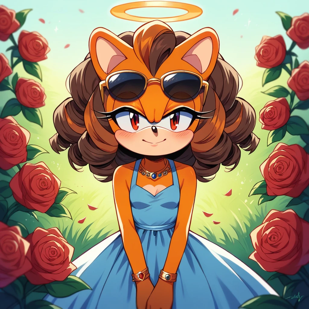 score_9, score_8_up, mobian, solo, hedgehog, two-tone fur ((orange fur, brown fur)), dress, she is out in the open at a rose garden, seated on the grass like a princess, small breasts, two-tone hair (brown hair, black tip)), curly hair, halo, sunglasses, jewelry, red eyes, longeyelashes, red eyes, smile, shy, blush, pose, close up