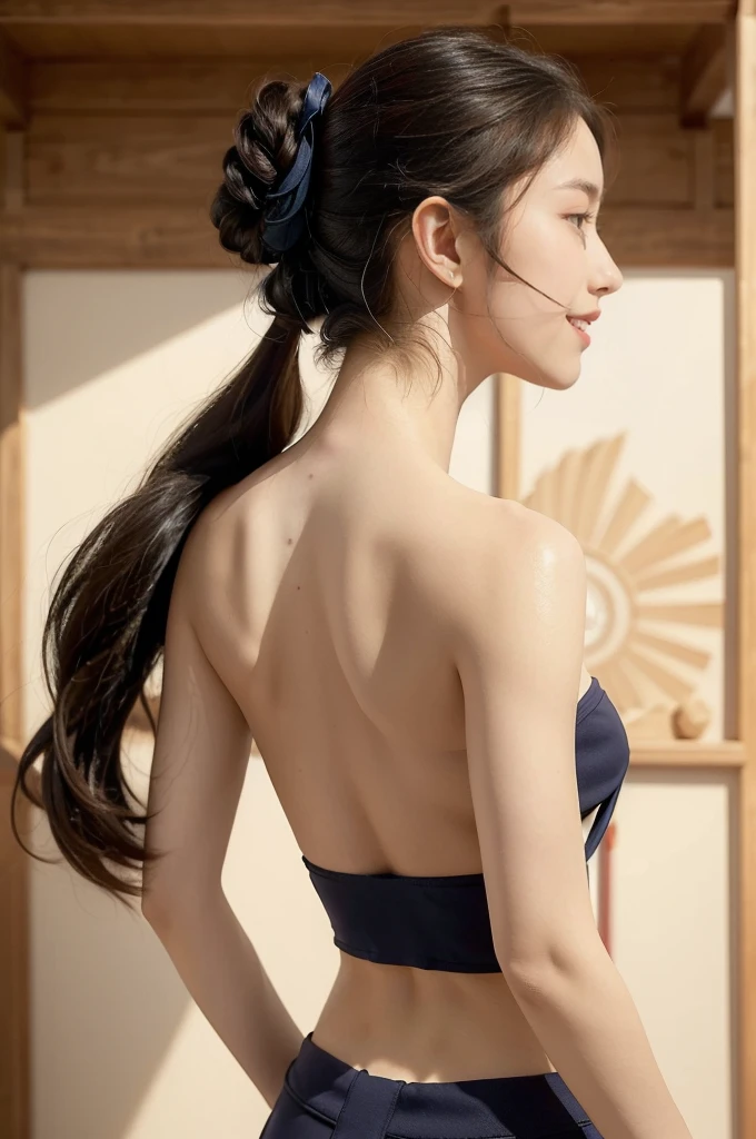 (((best quality))),(((ultra detailed))),(((masterpiece))),illustration,1girl,solo,short ponytail,slim,thin,((strapless,shoulder off,bare back,towering hips,butt crack)),white collar,white tank top,maxi navy-blue kendo hakama,standing in kendo gym,focused and determined expression,ready for challenge,slender and elegant face,confident and resilient,fair skin,blush,neat teeth,bright smile,clean and tidy uniform,wooden gym floor,wall,pine scent,standard grip,ready to slice through obstacles,strong belief,determination,spirit of resilience,admiring,((from back,upper body))