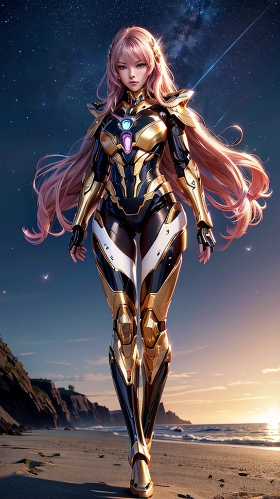 Best quality, masterpiece, awards winning photograph, robot girl, ((extremely beautiful)), full makeups, pink wavy hair, ((ultra realistic)), ((hair blown by the winds)), glowing pink eyes, slim body, (gold and black luminous mecha armor colors), ((luminous mechanical armor)), ex Machina armor, ((full luminous mecha armor)), ((epic luminous mecha armor details)), android girl, perfect face, ((full body shown)), night at beach, full of stars, aurora borealis, nebula skies, shooting stars, cinematic light, epict lights details, ((symmetrical pose)), from below.