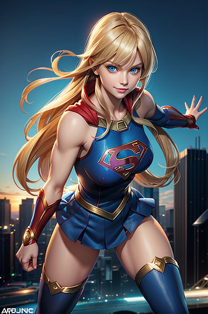 The character Supergirl, extremely realistic costume, perfect blue eyes, extremely realistic anatomy, shy smile, beautiful woman, beautiful blond hair , perfect fingers, extremely realistic anatomy