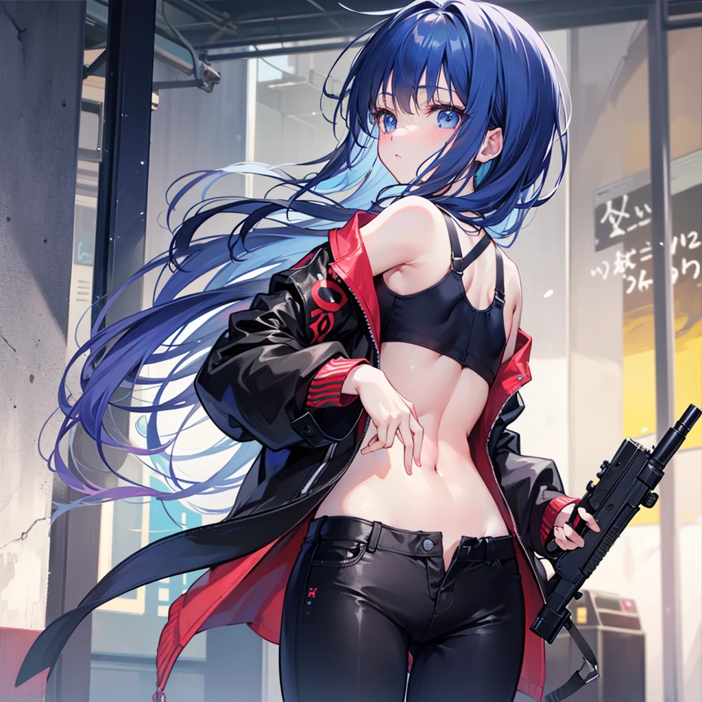 NSFM1.9. Showing Off Her 、naked、Show me that place、Touch there with your left hand、
One Girl、
Highest quality、masterpiece、Arc Records characters、Ariel、Wearing black pants、I can see her thighs、The belly button is visible、Wearing a black leather jacket、One Girl、Blue Hair、long hair、Holding a gun in his right hand、Looking Back、Left facing、I'm not wearing pants、