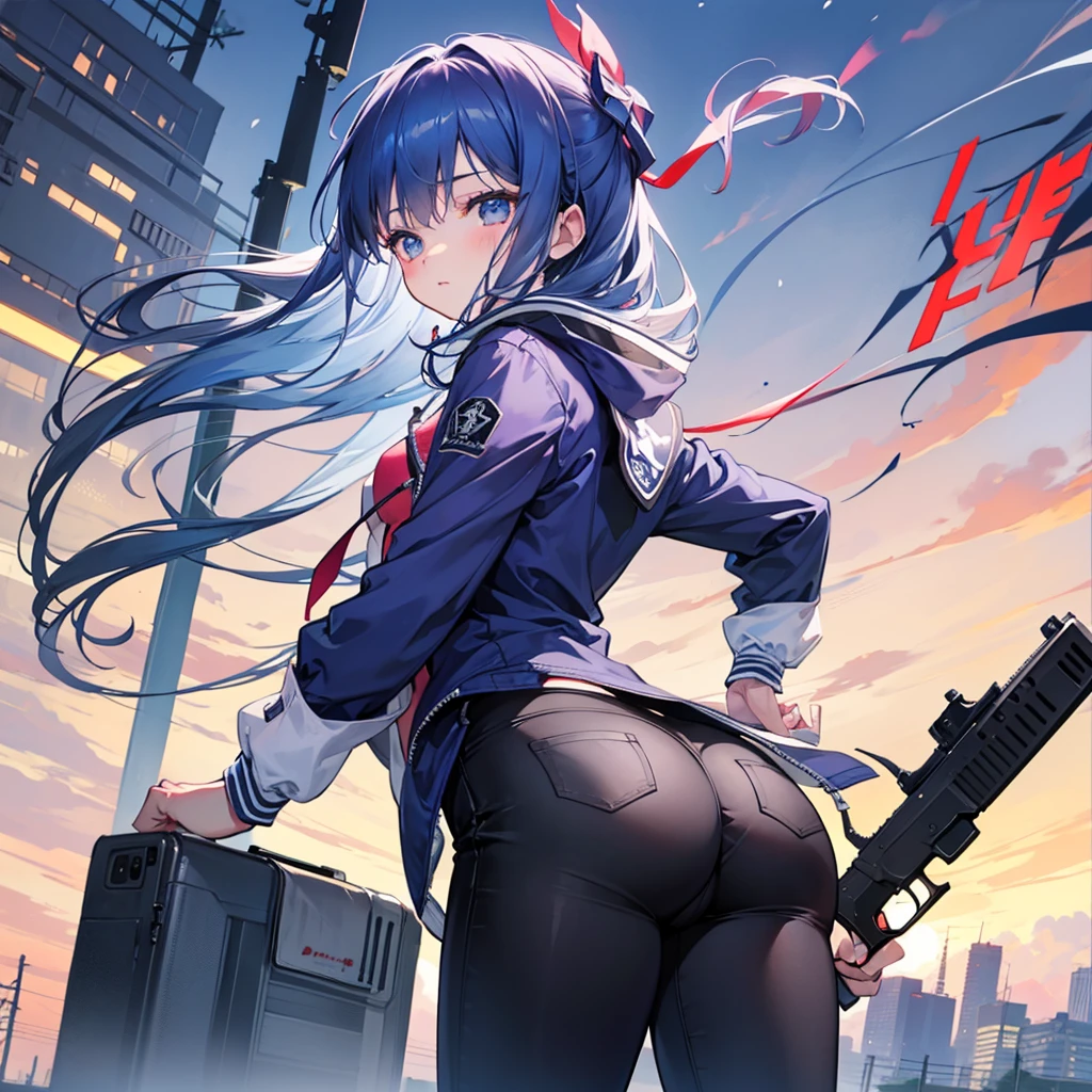 NSFM1.9. Showing Off Her 、naked、Show me that place、Touch there with your left hand、
One Girl、
Highest quality、masterpiece、Arc Records characters、Ariel、Wearing black pants、I can see her thighs、The belly button is visible、Wearing a black leather jacket、One Girl、Blue Hair、long hair、Holding a gun in his right hand、Looking Back、Left facing、I&#39;m not wearing pants、