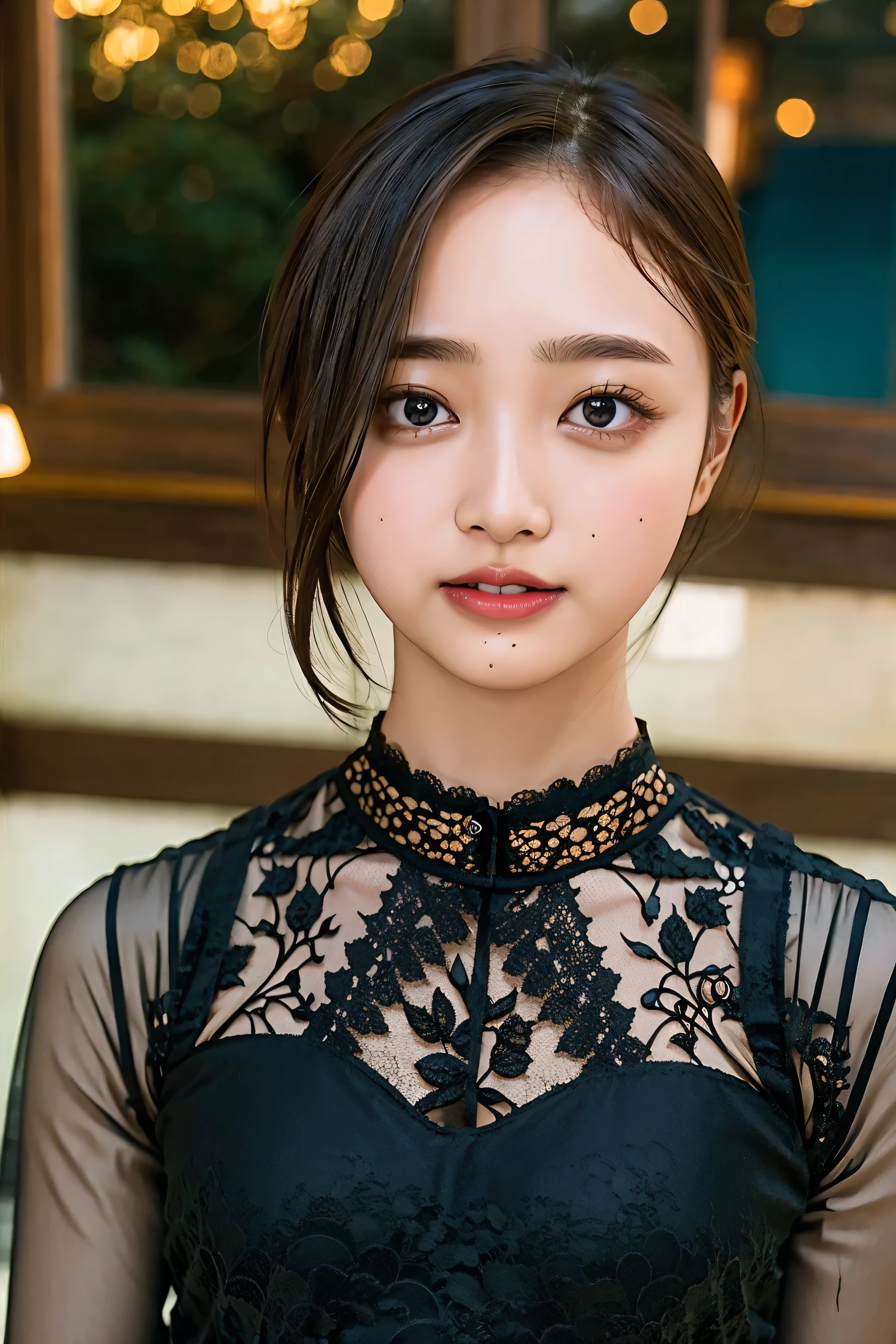 (((upper body shot))),Ultra-high resolution,big eyes,((brown eyes)),Japanese,(forehead),(a girl),(1 girl),((17 years old)),(cute),pretty,((facing at viewer)),arms behind back,grin,(((black lace clothes)))