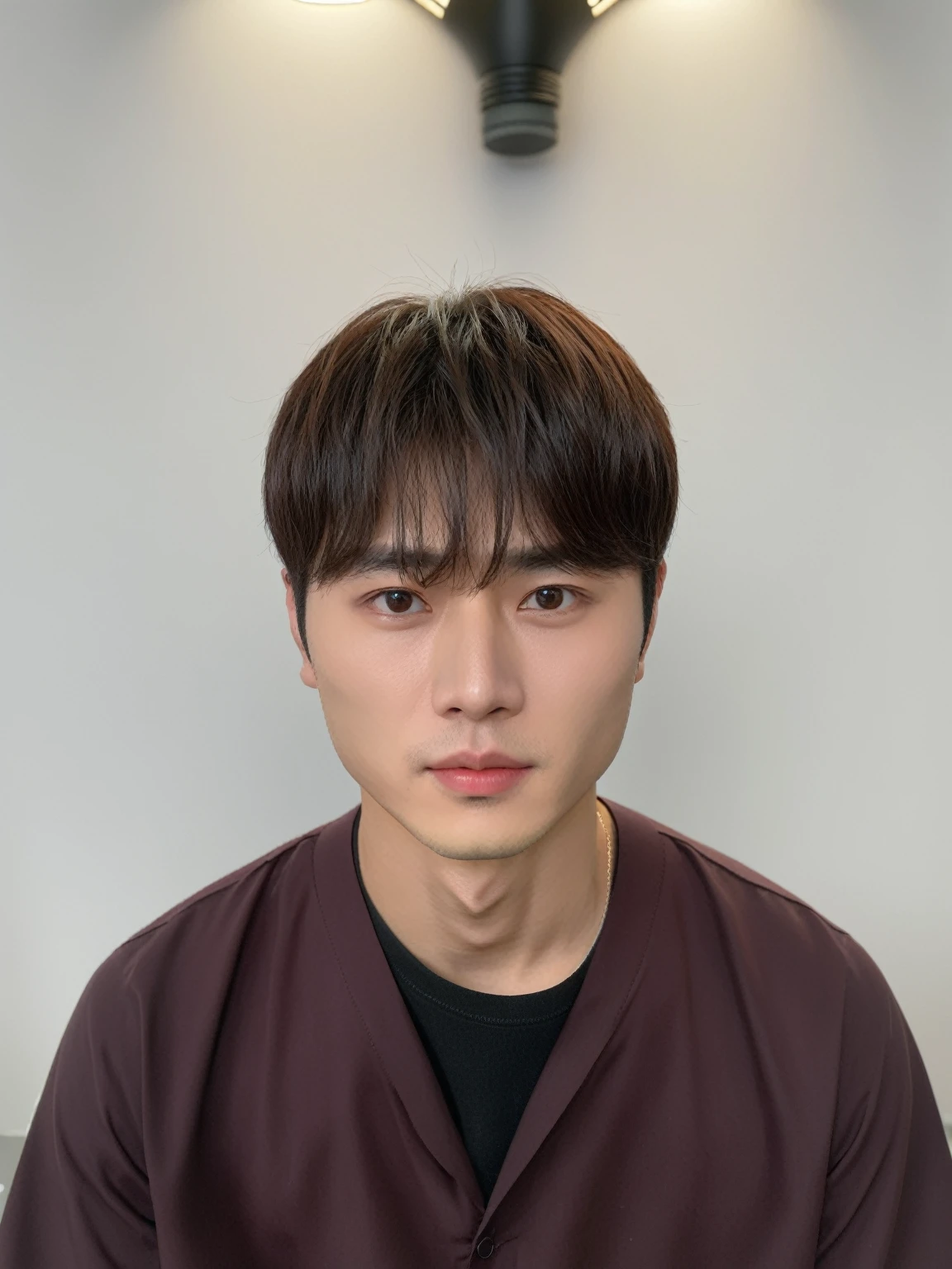 Best Quality, 8k, Masterpiece, (Portrait: 1.3), (photo realistic:1.4), (hyper realistic:1.4), Sharp Focus, looking at viewer, (smoother lighting:1.1), (increase cinematic lighting quality:0.9), realistic lighting, backlighting, light on face, ray trace, (brightening light:1.2), (Increase quality:1.4), sharp detail, (best quality real texture skin:1.4), finely detailed eyes, black_eyes, finely detailed face, 25 year old Korean man, (white formal_shirt:1.4), (Create an image maintaining the original base model hairstyle:1.5)