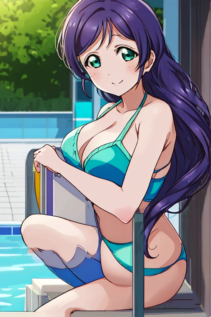 (((pixel-perfect, detail-perfect))), solo, 1girl, nozomi tojo, normal face, eyes green, hair violet, pool, bikini, large extreme filesize, ultra High Qality