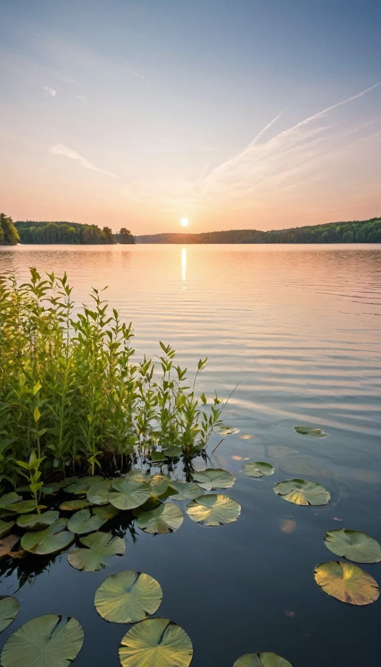 There is a lake in the background, covered with calm, smooth water. Trees grow on the shore, and behind them you can see the setting sun, which colors the sky in warm colors.