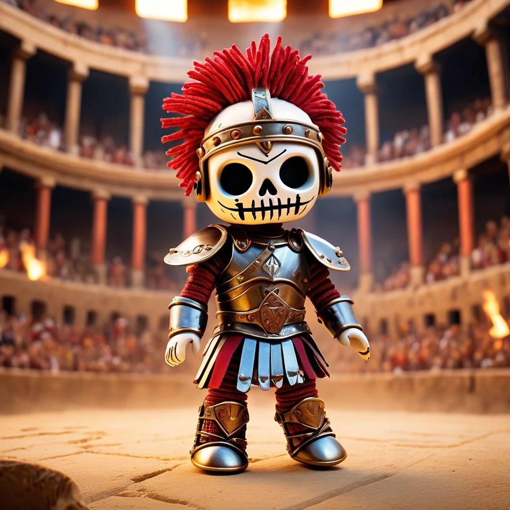 (knitted toy voodoo doll:1.5), (Voodoo Doll in a Gladiator Arena:1.3), (Clothing: Roman gladiator armor with intricate designs:1.0), (Accessories: enchanted trident emitting sparks, floating gladiator helmets:1.1), (background: ancient coliseum with roaring crowds, dusty arena floor, and intense combat:1.2), best quality, masterpiece, detailed soft oil painting, detailed background, dramatic cinematic lighting, soft edge lighting, professional, dramatic lighting, hard edge lighting, ultra quality, 4k, masterpiece, best quality, 8k, ultra high definition, high resolution, extremely detailed