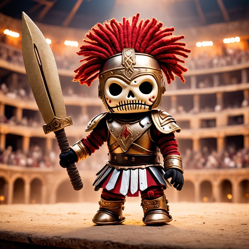(knitted toy voodoo doll:1.5), (Voodoo Doll in a Gladiator Arena:1.3), (Clothing: Roman gladiator armor with intricate designs:1.0), (Accessories: enchanted trident emitting sparks, floating gladiator helmets:1.1), (background: ancient coliseum with roaring crowds, dusty arena floor, and intense combat:1.2), best quality, masterpiece, detailed soft oil painting, detailed background, dramatic cinematic lighting, soft edge lighting, professional, dramatic lighting, hard edge lighting, ultra quality, 4k, masterpiece, best quality, 8k, ultra high definition, high resolution, extremely detailed