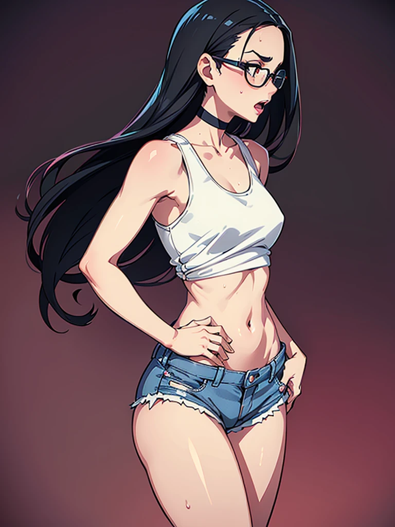 (((solo))), mature woman, High quality, highly detailed, masterpiece, RAW photo, best quality, (thin waist), ((thin hips)), black hair, ((loose hair)), (open forehead), big lips, (oval shape face), (shy), cinematic lighting, lush illumination, (thin arms), (thin legs), (huge rectangle glasses), (big brows), ((small breasts)), muted colors, (very blushed), ((simple background)), ((choker)), ((looking at camera)), (long white tanktop), (short jeans shorts), (wide open mouth), sneakers, (cross arms), (sweat), (full size view), (side view)