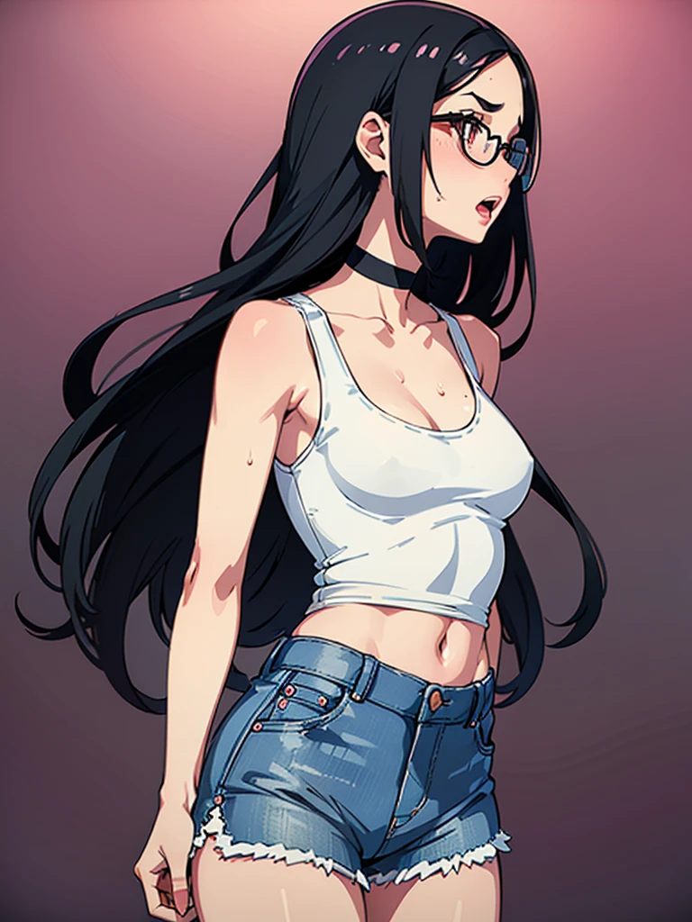 (((solo))), mature woman, High quality, highly detailed, masterpiece, RAW photo, best quality, (thin waist), ((thin hips)), black hair, ((loose hair)), (open forehead), big lips, (oval shape face), (shy), cinematic lighting, lush illumination, (thin arms), (thin legs), (huge rectangle glasses), (big brows), ((small breasts)), muted colors, (very blushed), ((simple background)), ((choker)), ((looking at camera)), (long white tanktop), (short jeans shorts), (wide open mouth), sneakers, (cross arms), (sweat), (full size view), (side view)