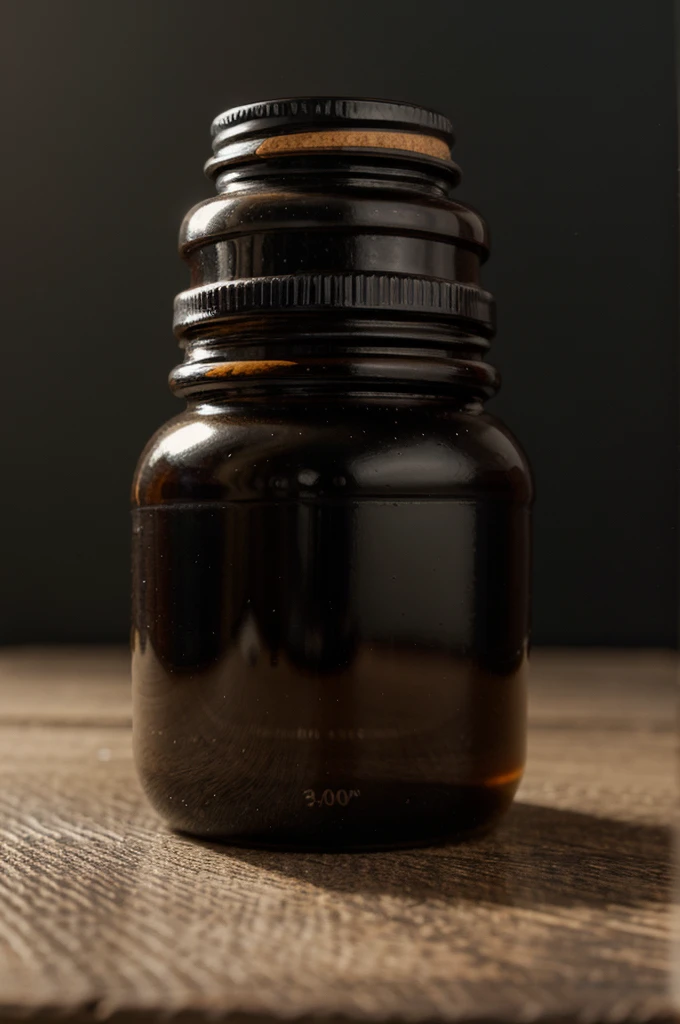 Simple photo of plain black honey in a small plain plastic bottle of 100 milli