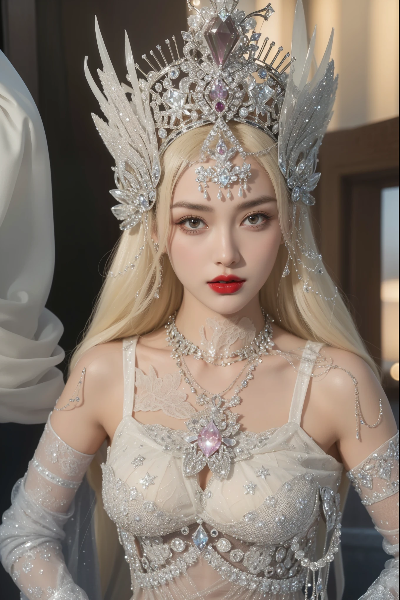 Imperial sister，Exquisite eyes，Frozen Queen，Put the crown on your head，Detailed facial expressions body，Tall and big，number，Leg length，4K，HD，White translucent lace，Fair and plump figure，Pretty Face，Little cherry mouth，Beautiful and delicious（3D Royal Sisters），Glossy Gel Coat，Vampire Queen in luxurious robes，Crystal Gem Crown，Ultra-clear portrait photos(8K)，Dark eyeshadow，Sexy thick lips(Red lipstick)，Gemstones and diamonds