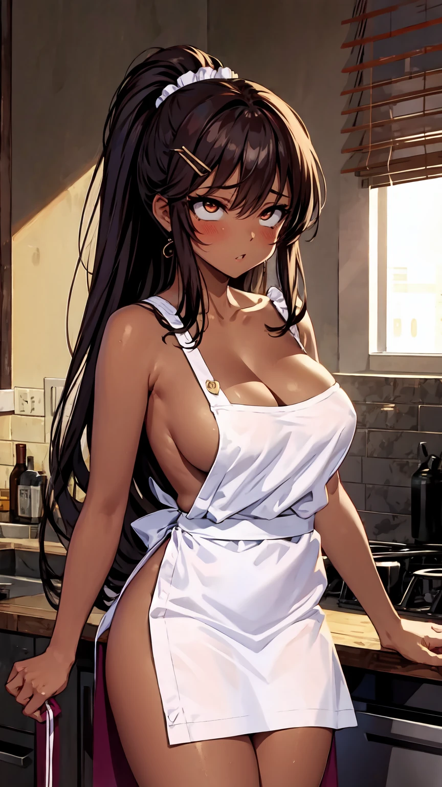 1girl, solo, hair ornament, (naked:1.3), (white apron), large breasts, cleavage, thighs, kitchen background, (blushing:1.3), naga, brown hair, ponytail, golden eyes, dark skin, gal, naga, lewd, sexy pose, attractive woman, ahegao, sexy