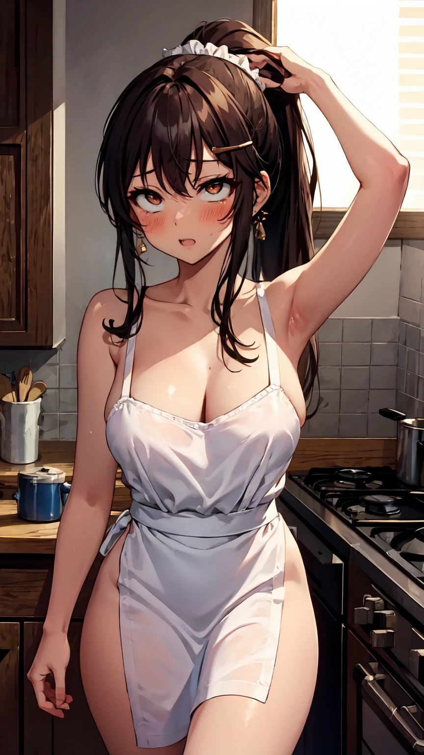 1girl, solo, hair ornament, (naked:1.3), (white apron), large breasts, cleavage, thighs, kitchen background, (blushing:1.3), naga, brown hair, ponytail, golden eyes, dark skin, gal, naga, lewd, sexy pose, attractive woman, ahegao, sexy