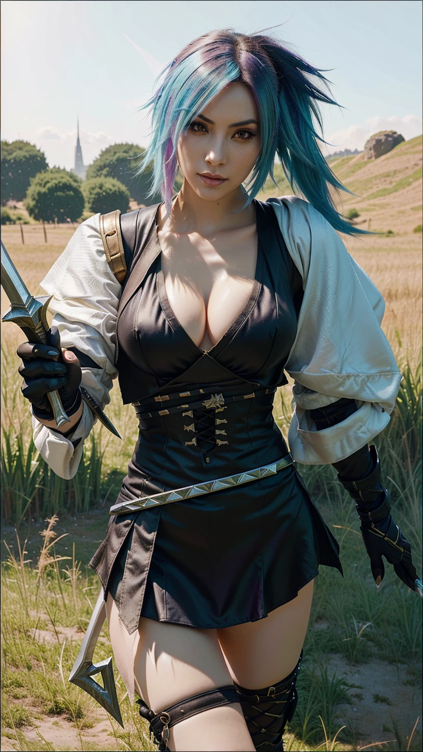 a close up of a person with a sword in a field, riven, fiora from league of legends, leblanc, kda, ashe, ig model | artgerm, extremely detailed artgerm, artgerm detailed, portrait of jinx from arcane, irelia, style artgerm, official splash art, arcane jinx