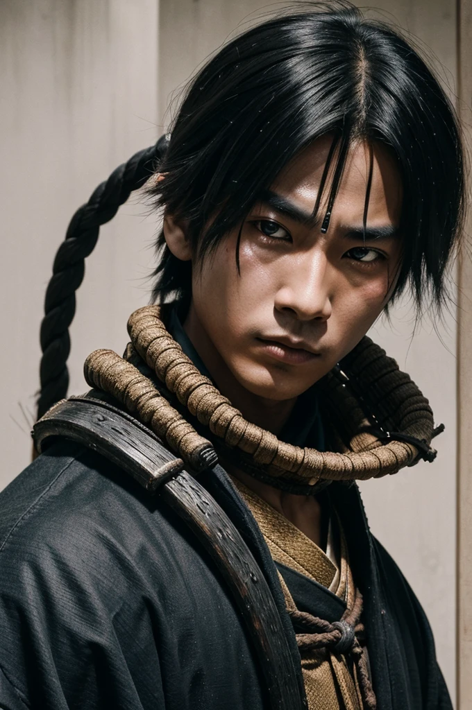 A samurai surrounded by dark entities trying to run away with a boy in his hands and emotional feelings on his face