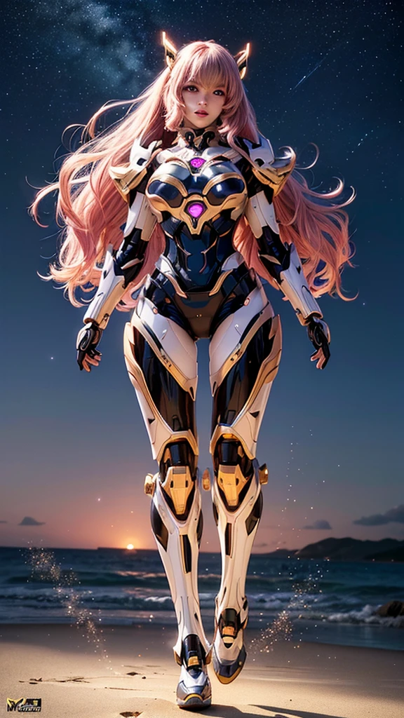 Best quality, masterpiece, awards winning photograph, robot girl, ((extremely beautiful)), full makeups, pink wavy hair, ((ultra realistic)), ((hair blown by strong winds)), glowing pink eyes, slim body, (gold and black luminous mecha armor colors), ((luminous mechanical armor)), ex Machina armor, ((full luminous mecha armor)), ((epic luminous mecha armor details)), android girl, perfect face, ((full body shown)), night at beach, full of stars, aurora borealis, nebula skies, shooting stars, cinematic light, epict lights details, ((symmetrical pose)), from below.