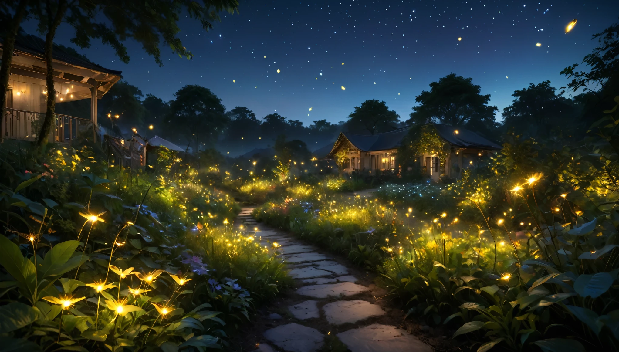 (8K, Top quality, masterpiece: 1.2), (Practical, photoPractical: 1.37), Super Detail, Wide viewing angle, Firefly Garden, Many faint little lights and fireflies flew around, night