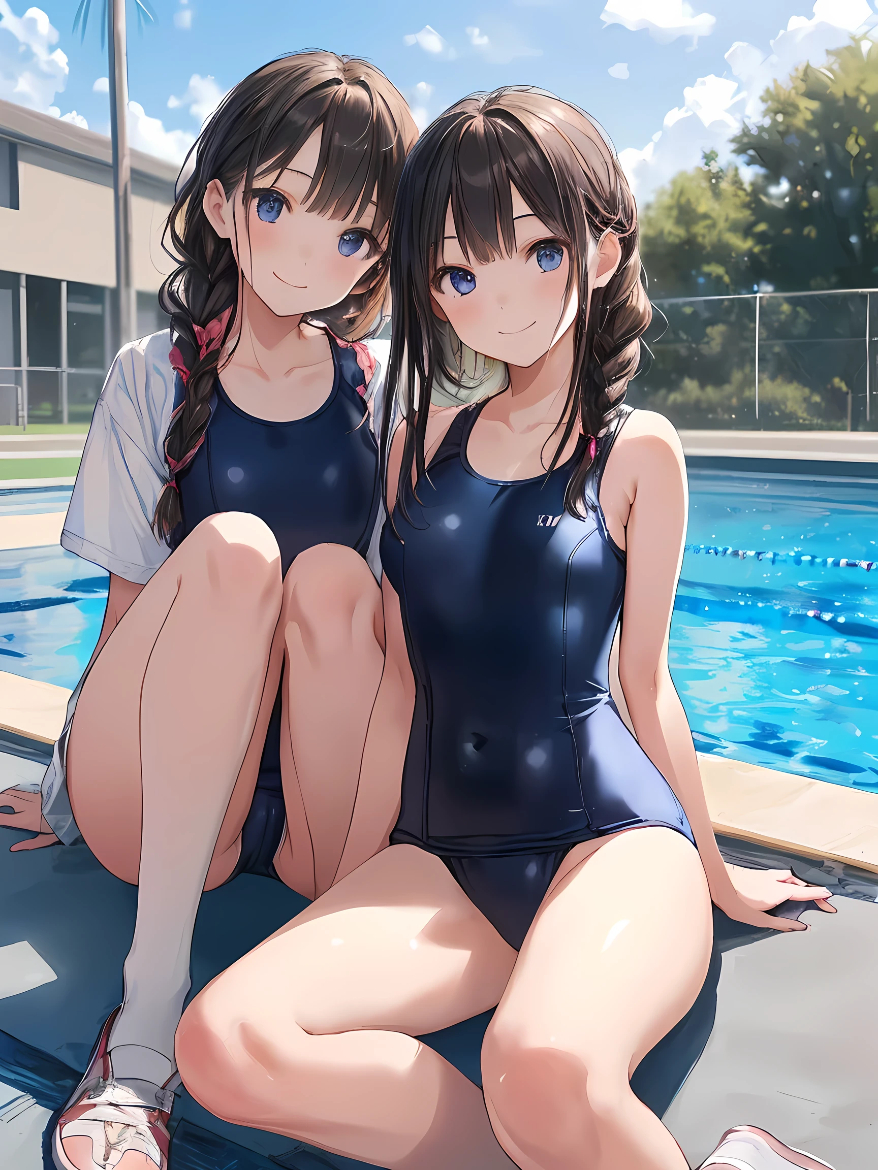 masterpiece, (realistic, photo realistic:1.2), ((highest quality), extremely fine and beautiful, beautiful face details, real human skin, realistic, photorealistic, 2girls, (:1.1), smile on face, cow-boy shot, Hair braided. School swimsuit, tiny breasts, sitting, pool, wind